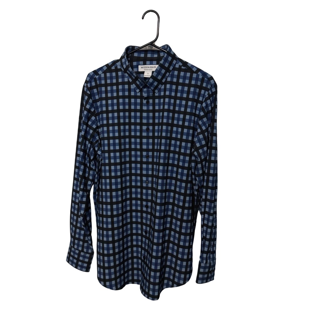 Mizzen+Main Button Down Mens Large Blue Black Grid Performance Trim Fit Stretch